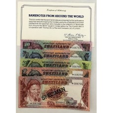 SWAZILAND 1976 . ONE 1 LILANGENI, TWO 2 - TWENTY  20 EMALANGENI BANKNOTES . SPECIMEN